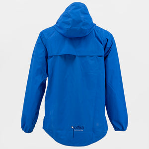 Back view of the Golfish offshore rain jacket in blue