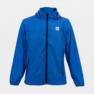 Front view of the Golfish offshore rain jacket in blue